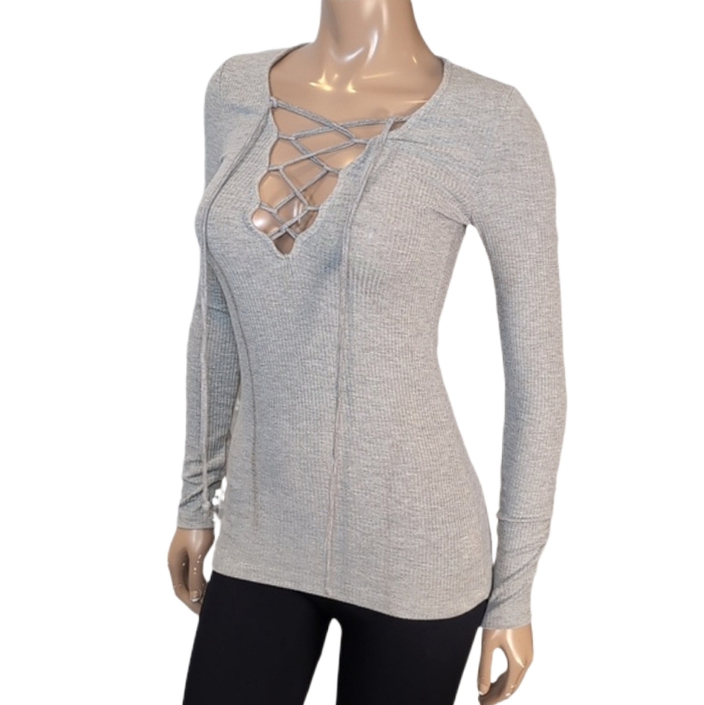 UK2LA Ribbed Lace Up Long Sleeve Top Grey Womens Size XS Fitted Low Vneck